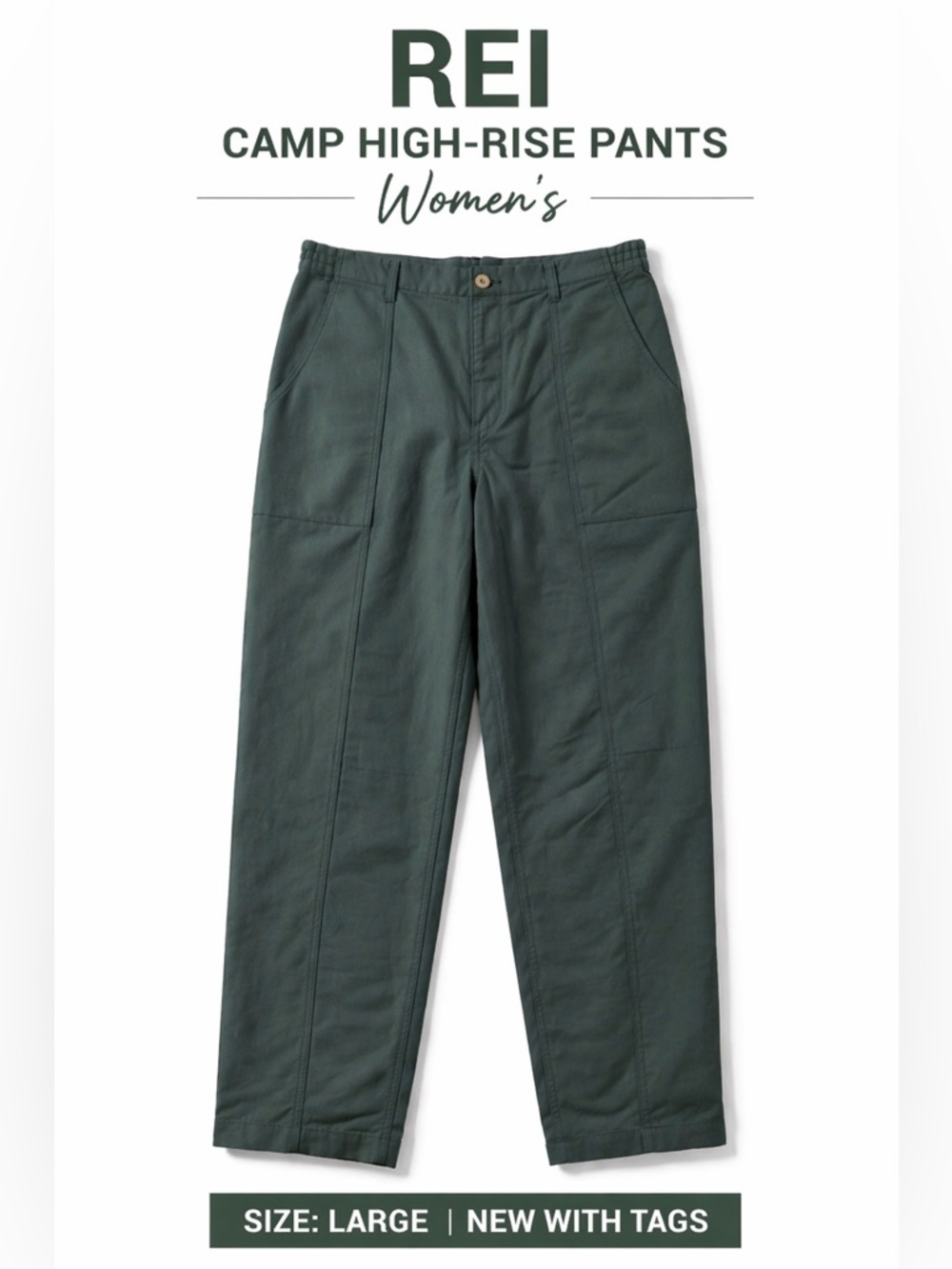 REI Campwell Pants Women Large Green High Rise Outdoor Hiking Utility Casual